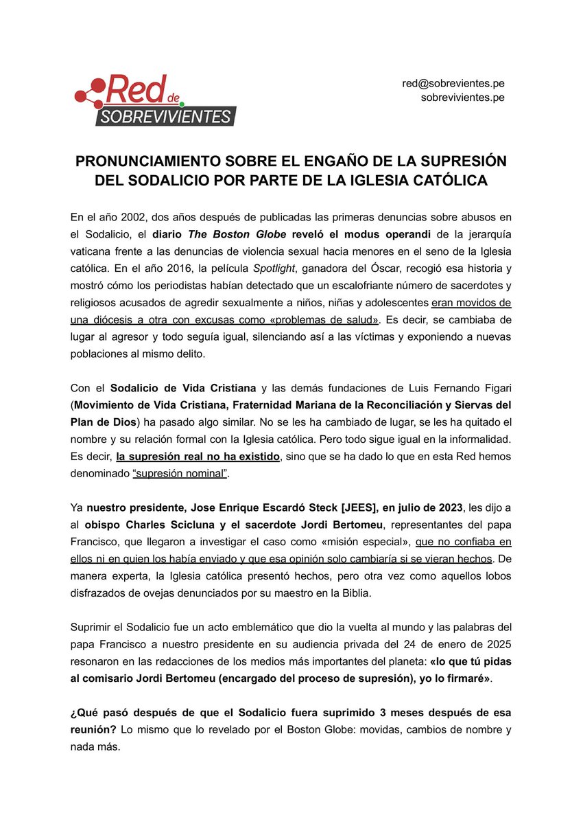 sobrevive_peru's tweet image. PRONUNCIAMIENTO SOBRE EL ENGAÑO DE LA IGLESIA CATÓLICA CON RESPECTO A LA SUPRESIÓN DEL SODALICIO.
También lo pueden leer en nuestra web: sobrevivientes.pe/2025/11/06/pro…