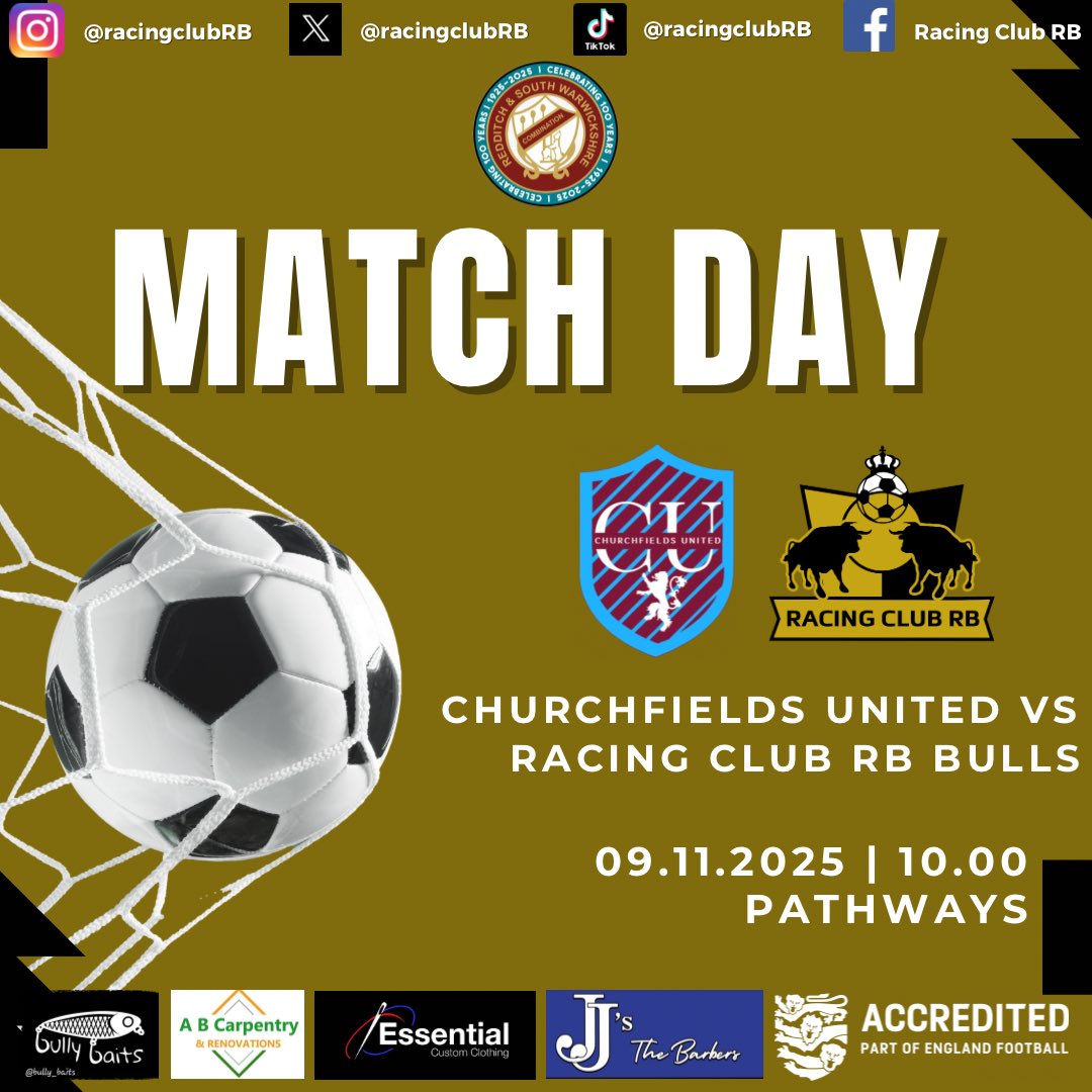 Cup action for both our teams this Sunday.

As Racing take on <a href="/ArrowValleyFC/">Arrow Valley FC</a> 

📍Alcester Town FC
⏰ 10.30am KO
🏆 Terry Cup

And the Bulls take on <a href="/UtdChurchfields/">Churchfields Utd FC</a> 

📍Pathways
⏰ 10.00am KO
🏆 Centenary Cup

#VamosRacing🐂

<a href="/Randswcl/">Redditch & SW League</a>