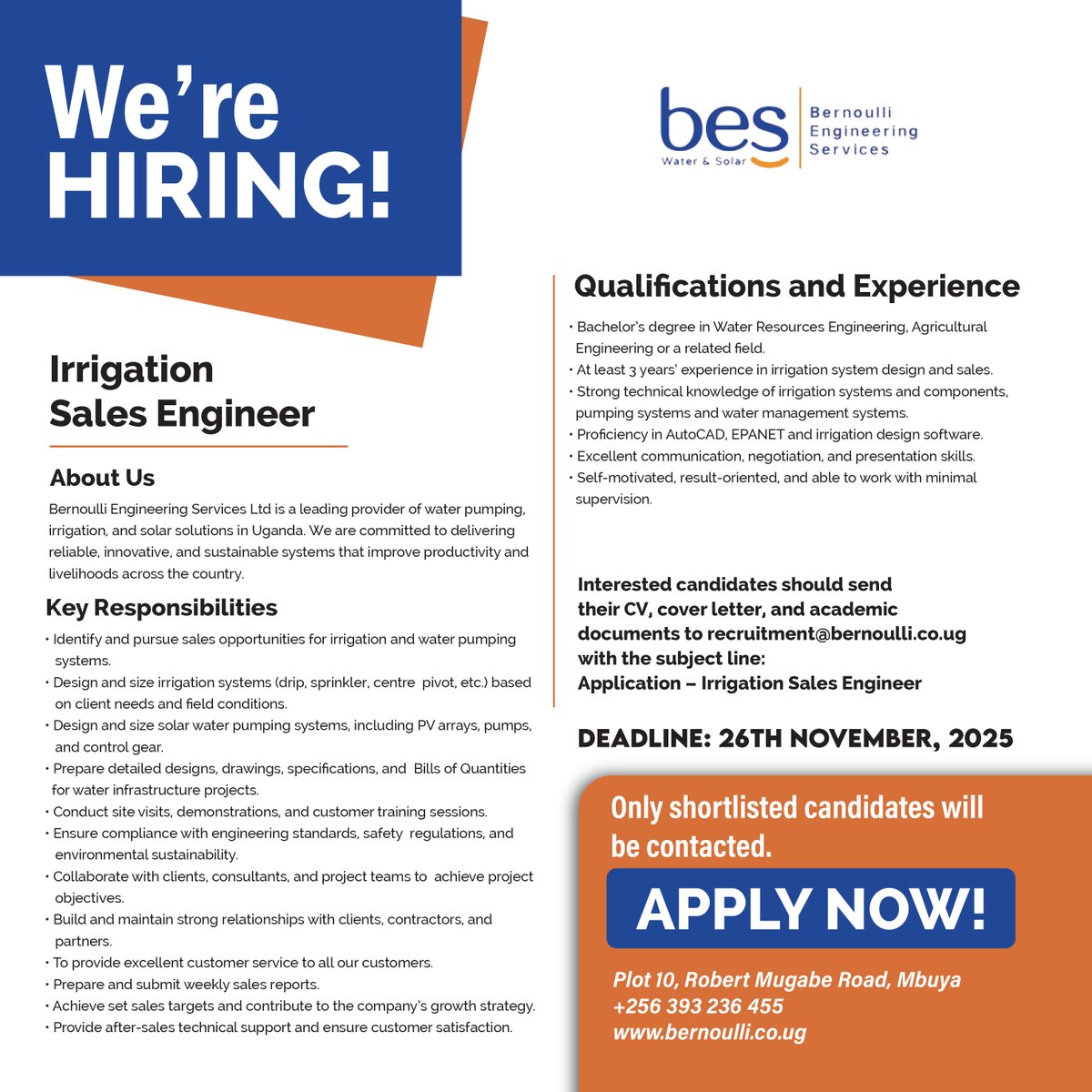 WE ARE HIRING!!!!
We are looking for a motivated and technically skilled Irrigation Sales Engineer to join our growing team. The successful candidate will be responsible for developing irrigation sales opportunities, designing irrigation systems, and providing technical support