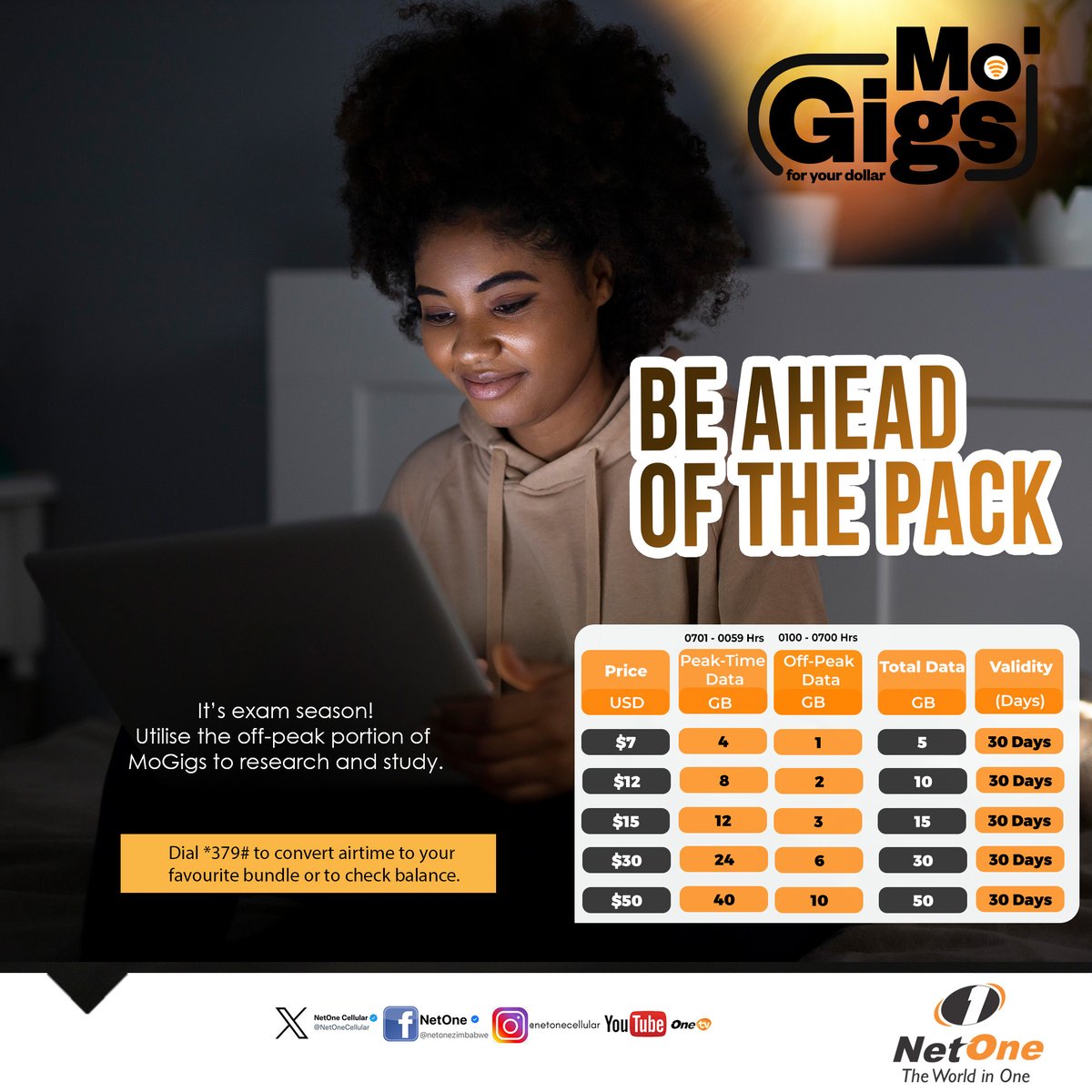 NetOneCellular's tweet photo. 📚 It’s exam season! Stay ahead of the pack with Mo’Gigs 

Use the off-peak portion to research, revise, and study smarter. 💡 

Dial *379# to convert your airtime into your favourite bundle or check your balance. 

#MoGigs #NetOne #StayConnected #DataForSuccess https://t.co/ghaA4SVjC2