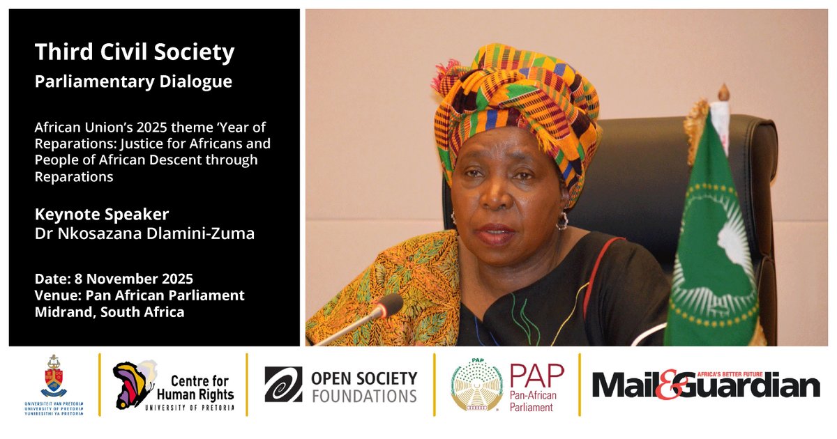 <a href="/CHR_HumanRights/">CentreForHumanRights</a>, <a href="/UPTuks/">University of Pretoria</a> , in partnership with <a href="/OpenSociety/">Open Society Foundations</a>  and <a href="/AfrikParliament/">Pan-African Parliament</a> will be hosting the Third Civil Society Parliamentary Dialogue on the sidelines of the November 2025 <a href="/AfrikParliament/">Pan-African Parliament</a> Ordinary Sitting. 

RSVP Here: docs.google.com/forms/d/e/1FAI…