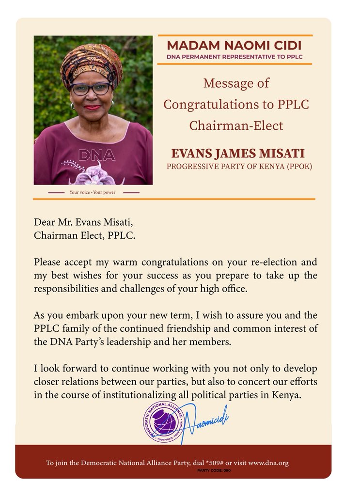 WALTERMONGARE's tweet photo. @DNAPartyKE Congratulates Chairman-elect @NationalPPLC 2025 @MisatiEvans. @ORPPKenya will benefit a lot from your experience. @IEBCKenya https://t.co/7wdRhC3lTF