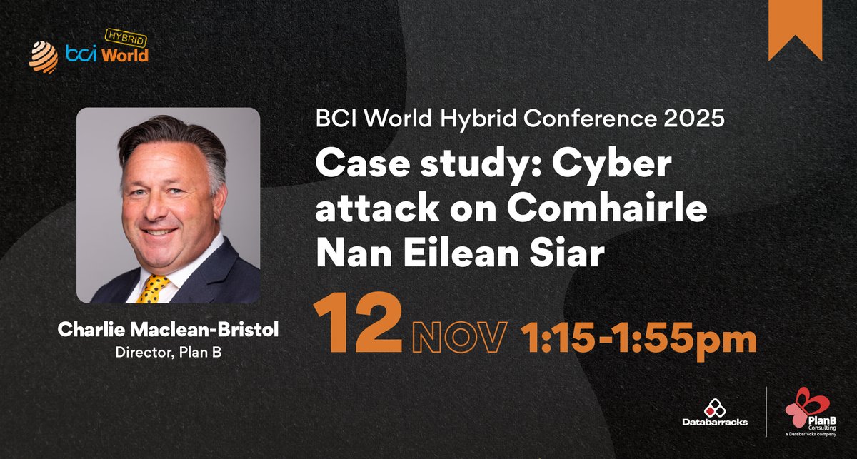 A cyber attack. The Outer Hebrides. A community cut off.
At BCI World Hybrid 2025, Charlie Maclean-Bristol shares lessons from Comhairle Nan Eilean Siar, revealing how people, not technology, kept services alive.

1:15PM   | 12 November
databarracks.com/events/bci-wor…