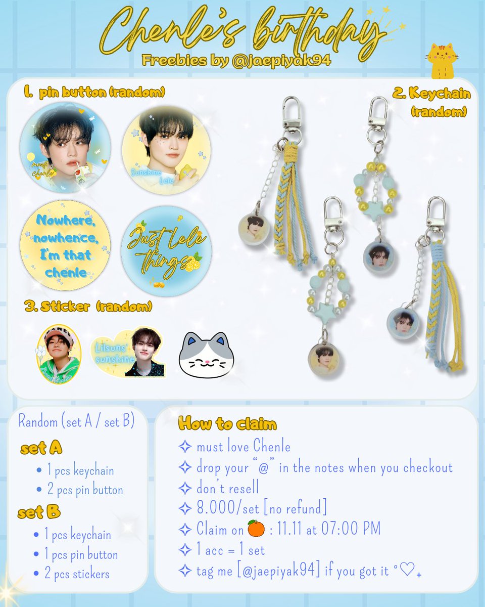 jaepiyak94's tweet image. rt &amp;amp; like are very appreciated ˚₊‧♡‧₊˚

celebrating Chenle’s day with tiny freebies for anyone who loves Chenle💛💙

✧ pls read the rules first
✧ 11.11 [19.00 WIB] 
✧ nanti aku drop link CO di komen 10 menit sebelum dibuka [ drop "@" yang mau di-tag]