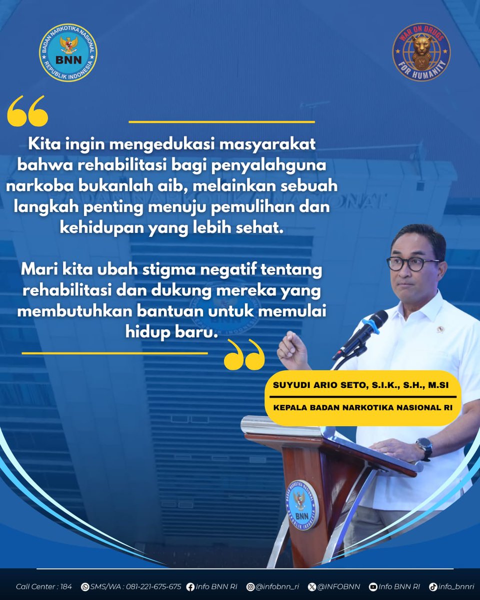 bnnkotacilegon's tweet image. Rehabilitasi bukanlah aib, melainkan jalan menuju perubahan dan kehidupan yang lebih baik.

BNN berkomitmen mengedukasi masyarakat agar memahami bahwa setiap orang berhak mendapatkan kesempatan untuk pulih dan memulai hidup baru tanpa stigma.
#WarOnDrugsForHumanity