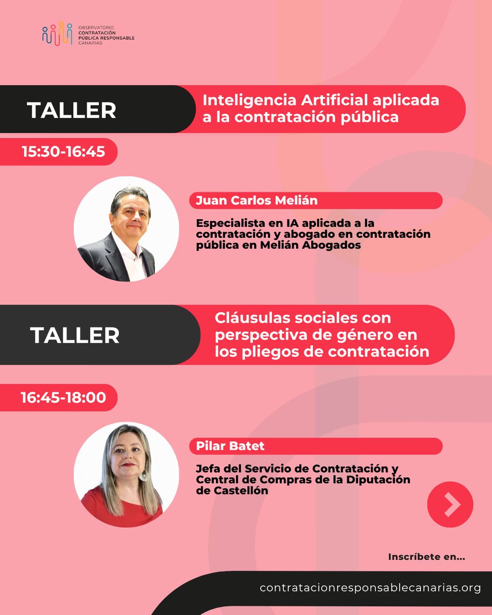 🔴 Después del almuerzo, concluiremos las V Jornadas de Contratación Pública Responsable de Canarias con dos talleres especializados.

👉 ¡Inscríbete ya! contratacionresponsablecanarias.org/v-jornadas-de-…

<a href="/redAnagos/">Red Anagos</a> <a href="/AdeicanCanarias/">Adeican Canarias</a> <a href="/EAPN_Canarias/">EAPN Canarias</a>