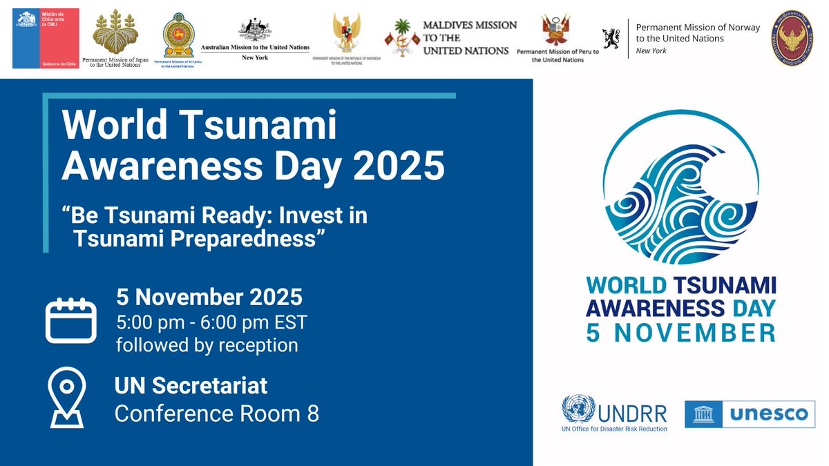UNDRR_NY's tweet photo. Thank you to 🇯🇵 🇱🇰🇨🇱🇲🇻🇹🇭🇵🇪🇦🇺🇳🇴🇮🇩 for joining us to commemorate World Tsunami Awareness Day. The panel exchange, and reception highlighted one message: preparedness saves lives. Together, we can strengthen early warning systems and resilience 🌎🌏
#WTAD2025 #BeTsunamiReady https://t.co/8jByeskNdb