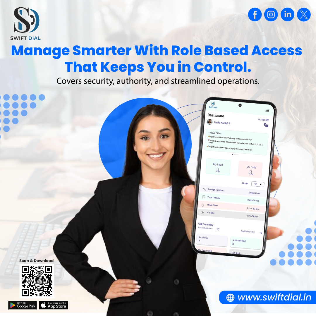 SwiftDial297's tweet image. Manage smarter with Swift Dial’s Role-Based Access!
✅ Security
✅ Authority
✅ Streamlined Workflow
Stay in control of your team &amp;amp; tasks.
🌐 swiftdial.in
#SwiftDial #RoleBasedAccess #BusinessTools #LeadManagement #SmartDashboard #TeamControl #FintechTech