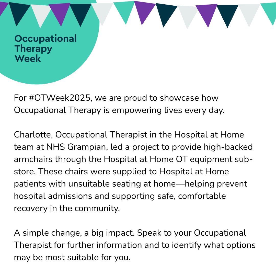 NHSGrampian's tweet image. How Occupational Therapy is empowering lives every day with a simple change making a big impact.

💺💙 #EmpoweringLives #OccupationalTherapy #PreventingAdmissions #HospitalAtHome #NHSGrampian #ProudtobeNHSG #TeamGrampian #OTWeek2025