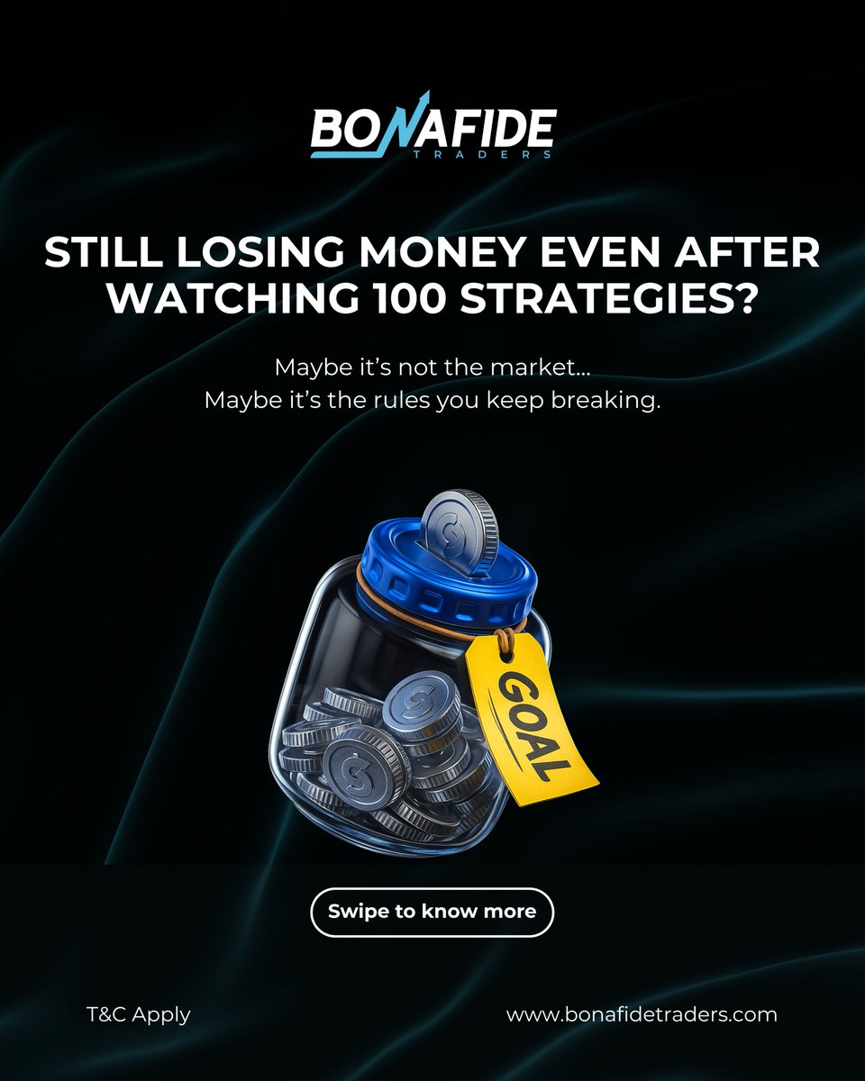 Bonafidetraders's tweet image. Still losing money after 100 strategies? Maybe it’s not the market, but the rules you keep breaking. Trade smart: plan every move, manage risk, don’t chase, journal trades, and always learn before you earn. #TradingRules #RiskManagement #TradeSmart #BonafideTradres #ForexTrader