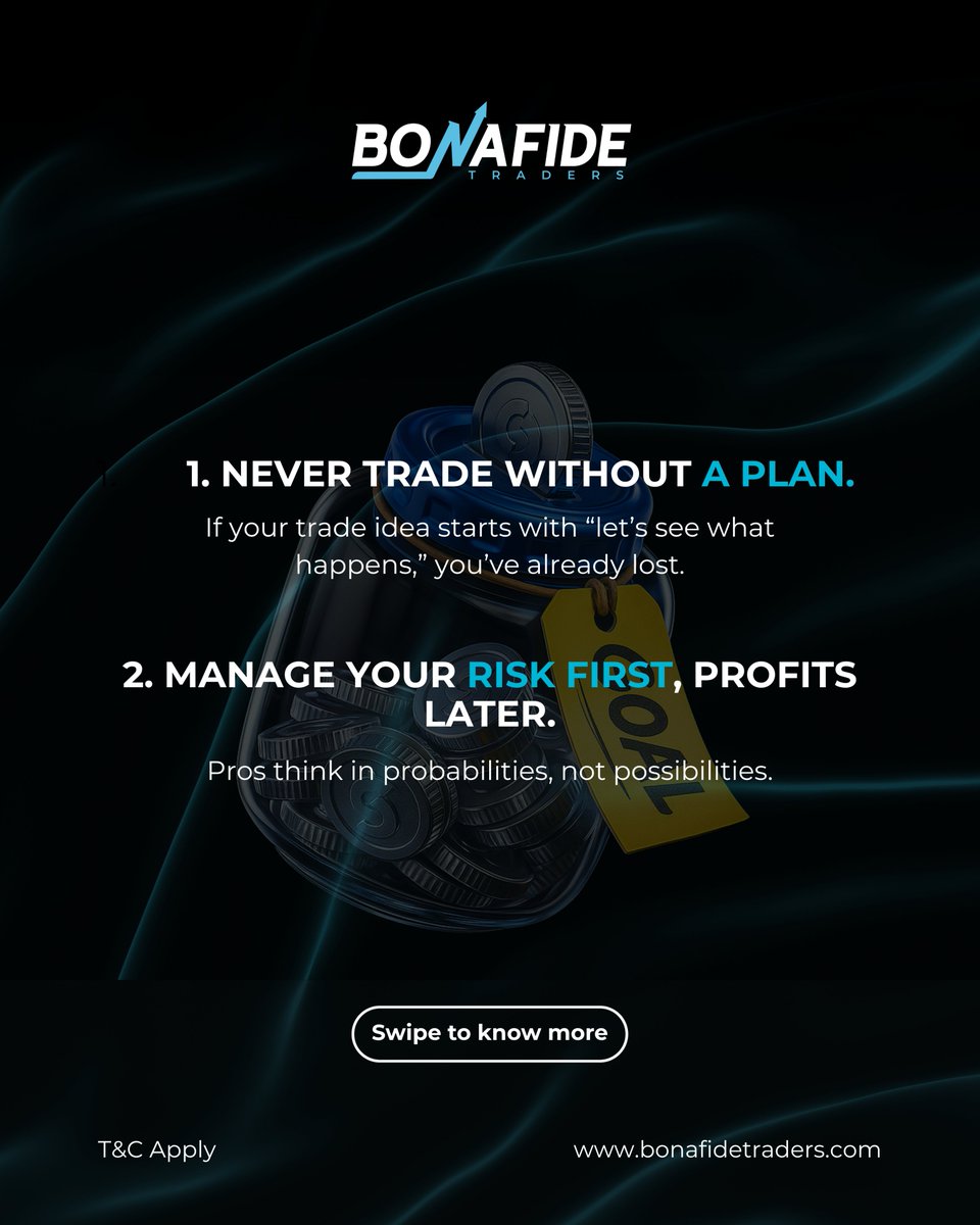 Bonafidetraders's tweet image. Still losing money after 100 strategies? Maybe it’s not the market, but the rules you keep breaking. Trade smart: plan every move, manage risk, don’t chase, journal trades, and always learn before you earn. #TradingRules #RiskManagement #TradeSmart #BonafideTradres #ForexTrader