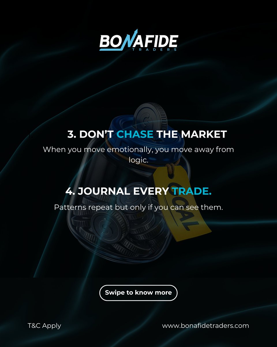 Bonafidetraders's tweet image. Still losing money after 100 strategies? Maybe it’s not the market, but the rules you keep breaking. Trade smart: plan every move, manage risk, don’t chase, journal trades, and always learn before you earn. #TradingRules #RiskManagement #TradeSmart #BonafideTradres #ForexTrader