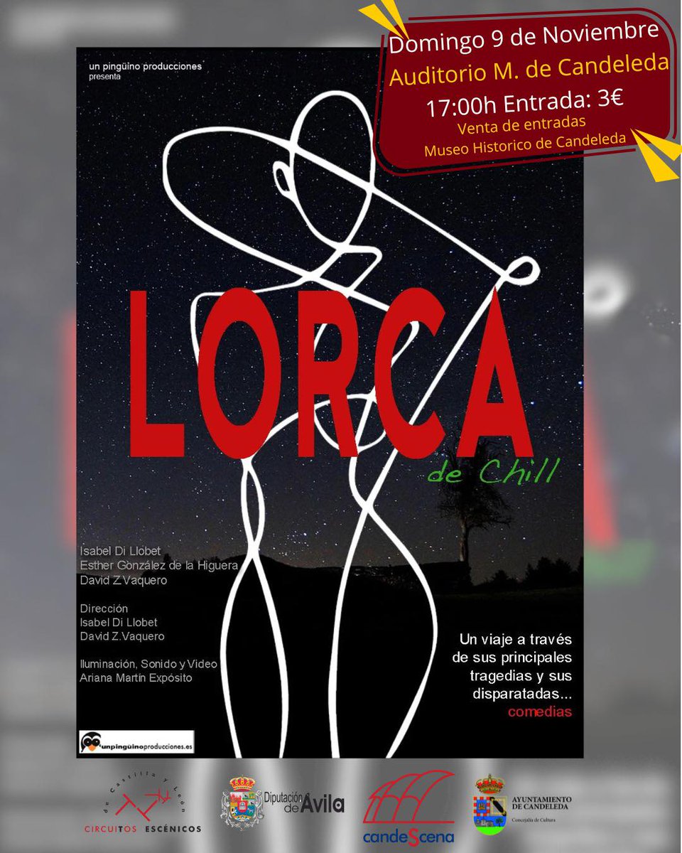 Vía Ayuntamiento de #Candeleda
Ya a la venta las entradas para “Lorca de Chill”
Este domingo 9 de noviembre, no te pierdas en el Auditorio Municipal (+ en ALT)
Entradas ya disponibles en el Museo Histórico de Candeleda

Turismo Candeleda:
candeledaturismo.com
-
#valledeltietar