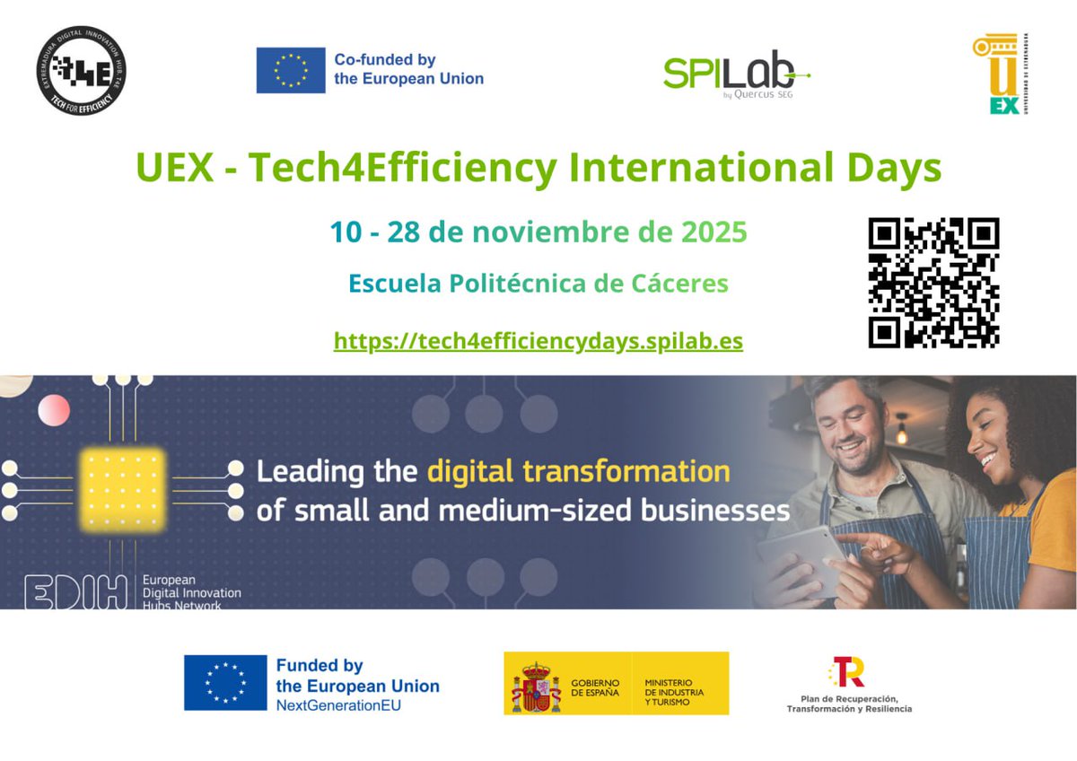 🚀UEx – Tech4Efficiency International Days
 📅10–28 Nov 2025 · EPCC, Cáceres
tech4efficiencydays.spilab.es

Join European tech centres, companies &amp; experts to explore innovation in industry, energy, health &amp; sustainability, driving SME digital transformation within the #EDIHNetwork!
