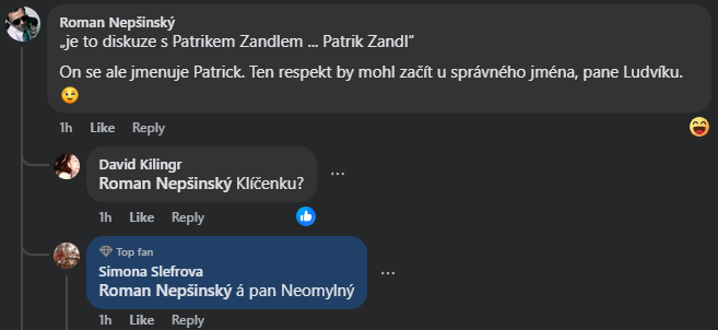 Ludwig se rozplýval nad tím, jak s Patrickem Zandlem mají různé názory, ale dokážou spolu na sítích diskutovat a to je respekt! Po mém upozornění na chybu jsem dostal okamžitě ban a Ludwig potichu jméno opravil. Tedy myslel si to, ale protože je diletant, dopadlo to klasicky 😂