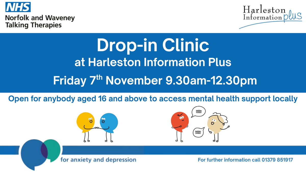 NHS Talking Therapies Drop-in Clinic - tomorrow 

Friday 7th November, 9:30am – 12:30pm

If you’re aged 16+ and looking for mental health support, come along to this free drop-in clinic and find out more about the services available.
