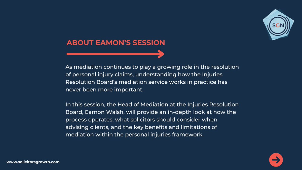In this session, Eamon Walsh, Head of Mediation at the Injuries Resolution Board, will provide a comprehensive overview of the Board’s work, including its background, assessment process, and strategic direction.
