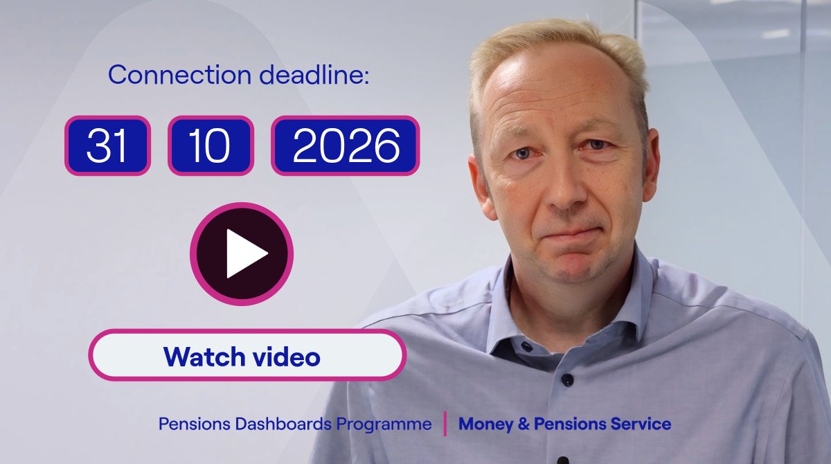 PensionsDboards's tweet image. Pension providers and schemes yet to connect to #PensionsDashboards, there&apos;s less than a year until the final connection deadline – 31 October 2026 ⏰

Find out more from PDP&apos;s Principal.

Watch video: ow.ly/a8Kh50XkSpc

Read blog: ow.ly/zZIx50XkSpe