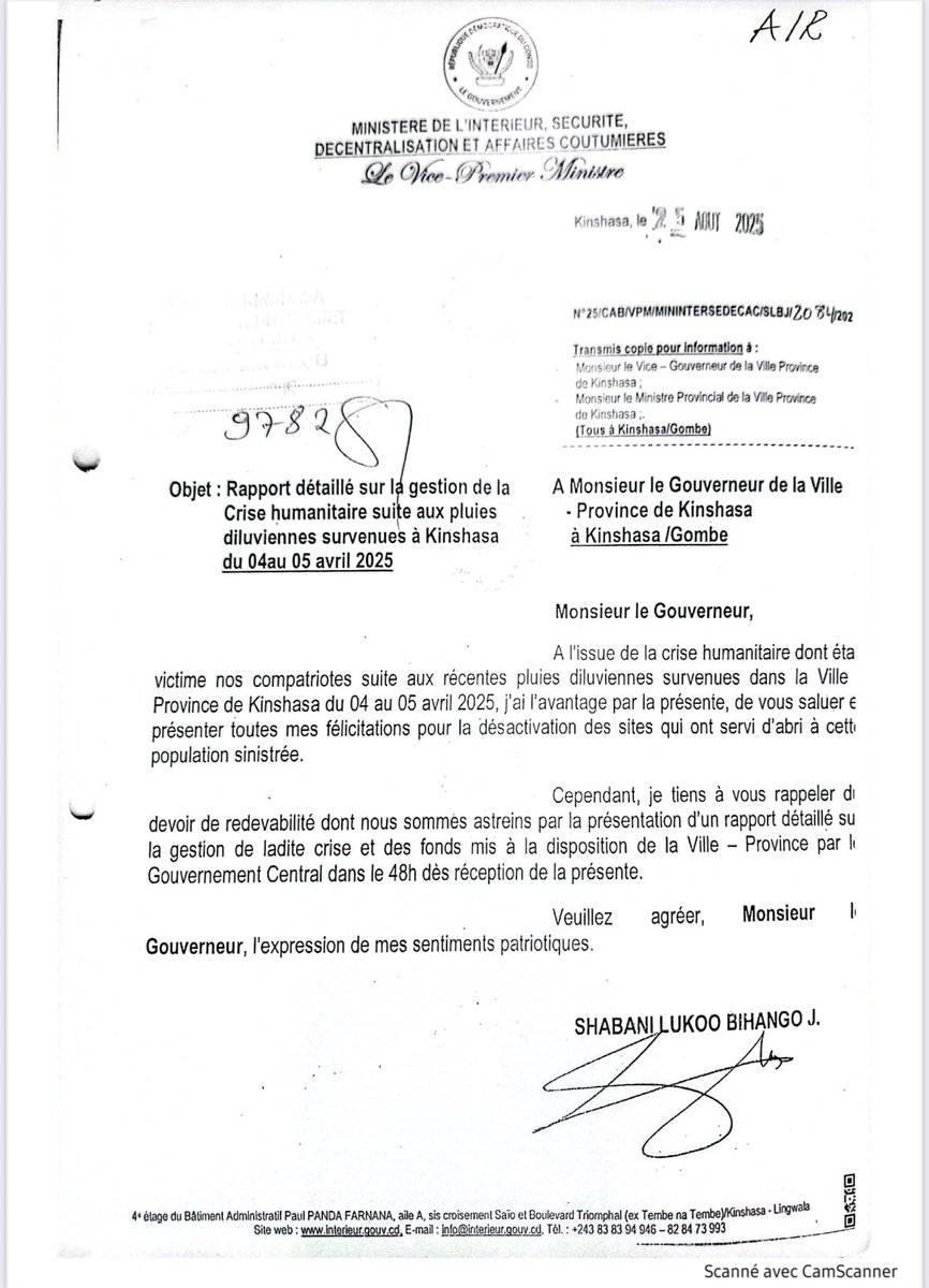 #RDC🇨🇩: Le gouvernement attend depuis deux mois un "rapport détaillé" sur la gestion des fonds mis à la  disposition du gouverneur de Kinshasa Daniel Bumba Lubaki pour la gestion de la crise humanitaire provoquée par les pluies diluviennes des 4 et 5 avril derniers.