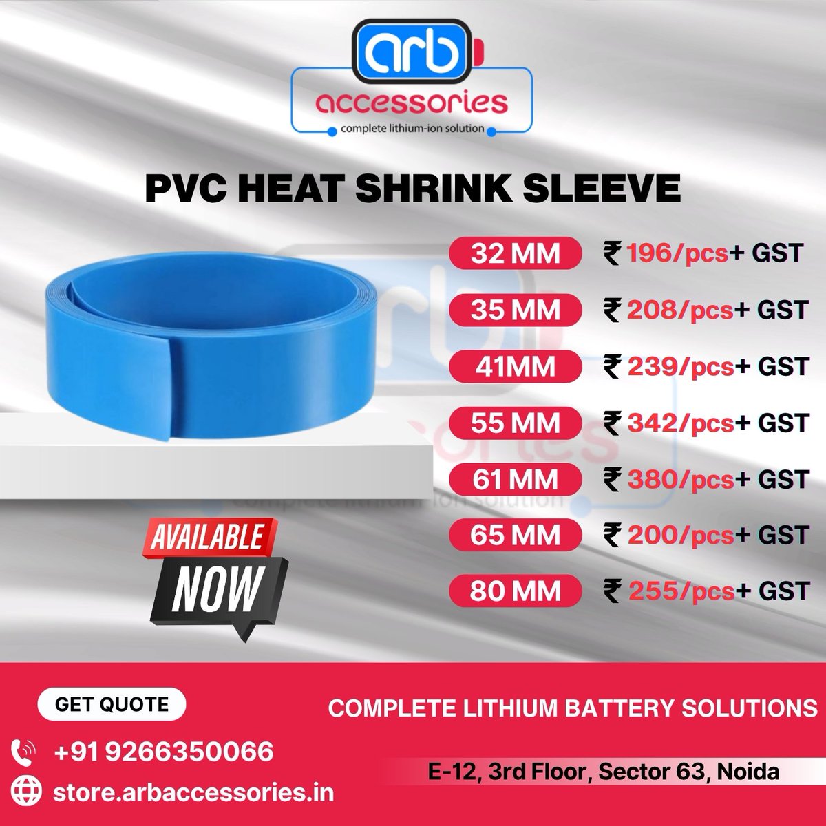 arb_ltd's tweet image. 🔥 PVC Heat Shrink Sleeves –⚙️

🔹 Available Sizes: 32 mm – 410 mm
(32 35 41 55,

 61, 65, 80, 85, 95, 110, 130, 150, 170, 190, 210, 230, 250, 275, 290, 300, 310, 320, 340, 360, 380, 410 mm)

🛒 Buy Now
store.arbaccessories.in/category/pvc

#Arbaccessories #HeatShrinkSleeve #BatteryProtection