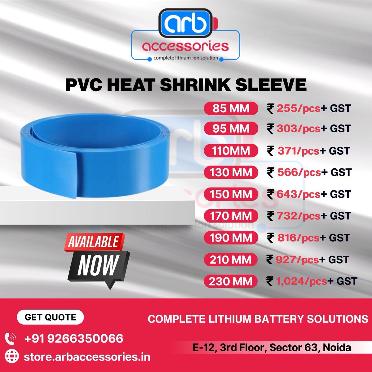 arb_ltd's tweet image. 🔥 PVC Heat Shrink Sleeves –⚙️

🔹 Available Sizes: 32 mm – 410 mm
(32 35 41 55,

 61, 65, 80, 85, 95, 110, 130, 150, 170, 190, 210, 230, 250, 275, 290, 300, 310, 320, 340, 360, 380, 410 mm)

🛒 Buy Now
store.arbaccessories.in/category/pvc

#Arbaccessories #HeatShrinkSleeve #BatteryProtection