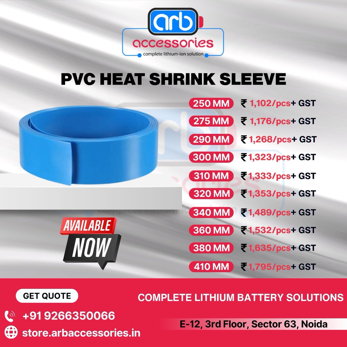 arb_ltd's tweet image. 🔥 PVC Heat Shrink Sleeves –⚙️

🔹 Available Sizes: 32 mm – 410 mm
(32 35 41 55,

 61, 65, 80, 85, 95, 110, 130, 150, 170, 190, 210, 230, 250, 275, 290, 300, 310, 320, 340, 360, 380, 410 mm)

🛒 Buy Now
store.arbaccessories.in/category/pvc

#Arbaccessories #HeatShrinkSleeve #BatteryProtection