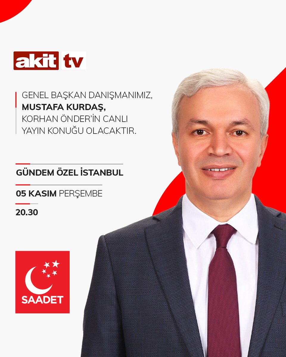 Genel Başkan Danışmanımız Mustafa Kurdaş, ‘Gündem Özel İstanbul‘ programında Korhan Önder'in canlı yayın konuğu olacaktır.

🗓 5 Kasım Perşembe (Bu Akşam)
🕰 20.30
📡 Akit TV