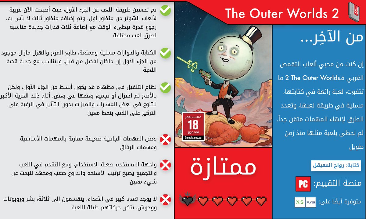 تقييمنا للعبة #TheOuterWorlds2 

من كتابة: <a href="/Rawah7/">Rawah  رواح</a> 

"إن كنت من محبي ألعاب التقمص الغربي فـThe Outer Worlds 2 ما تتفوت، لعبة رائعة في كتابتها، مسلية في طريقة لعبها، وتعدد الطرق لإنهاء المهمات متقن جداً. لم نحظى بلعبة مثلها منذ زمن طويل"