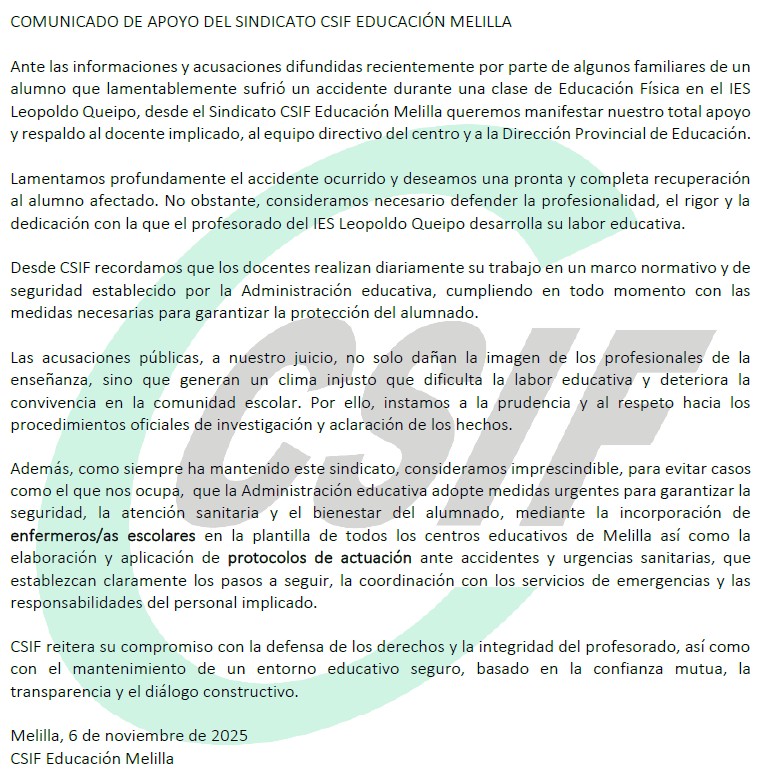 ℹ️Comunicado de <a href="/CSIFEnseMelilla/">CSIF EDUCACION MELILLA</a> sobre lo ocurrido en el IES Leopoldo Queipo