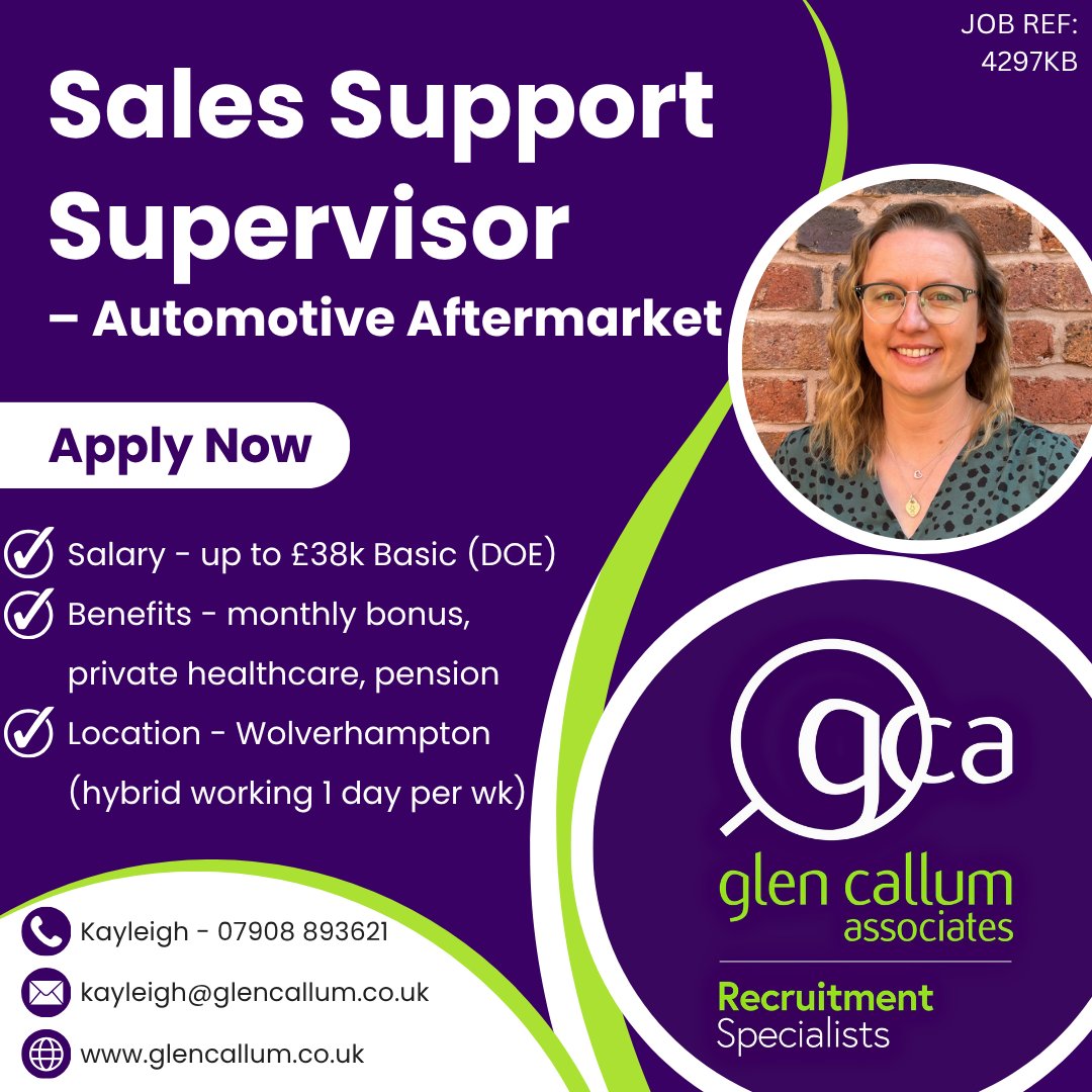 glencallumjobs's tweet image. Sales Support Supervisor - Automotive Aftermarket
📍 Wolverhampton (Hybrid working - 1 day WFH after probation)
💷 Up to £38k + monthly bonus + benefits

Register your interest by sending your CV to kayleigh@glencallum.co.uk or call 07908 893621

#SalesSupport #AutomotiveJobs