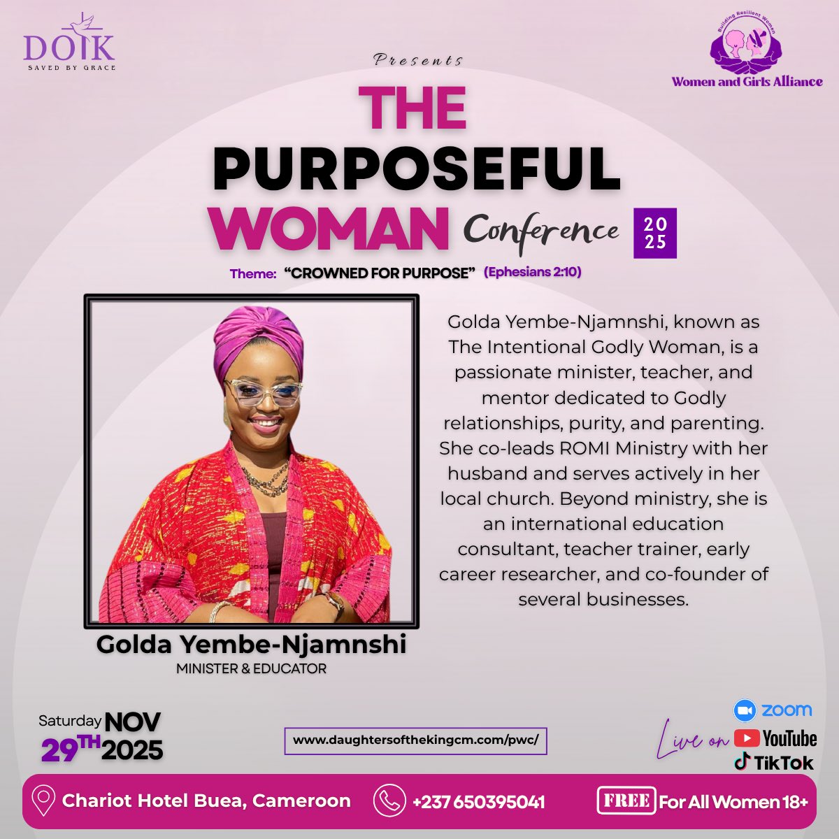 Dotkcm's tweet image. MEET THE SPEAKERS

2) Mrs Golda Yembe

A woman after God’s heart for

THE PURPOSEFUL WOMAN CONFERENCE