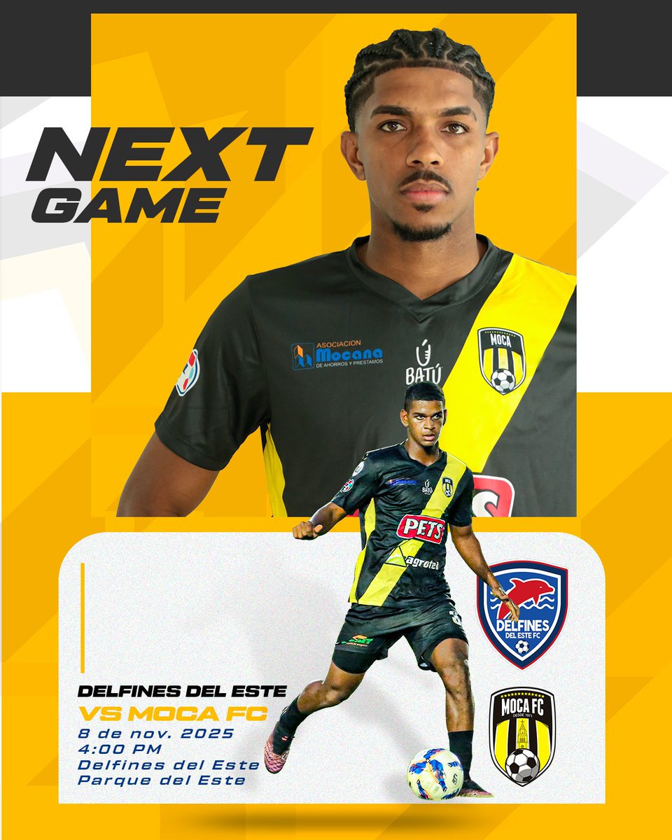 ¡PRÓXIMO PARTIDO! ⚽🔥
Los #aurinegros vuelven al terreno de juego

📅 Sábado 8 de noviembre
🕓 4:00 PM
🏟️ Estadio Parque del Este
⚔️ Vs Delfines del Este

#aurinegros #ldf2025 #mocafc