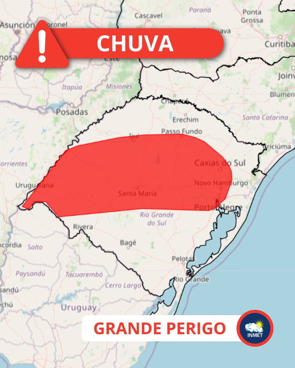 inmet_'s tweet photo. ⚠ Atenção: Previsão de acumulado de chuva amanhã (07), em áreas do RS. Chuva superior a 60 mm/h ou acima de 100 mm/dia.
🔴 Confira o aviso vermelho (grande perigo) 👉 https://t.co/Qh72tKzDin
Siga as recomendações da Defesa Civil❗
#umidade #previsãodotempo https://t.co/yY7ueNRF80