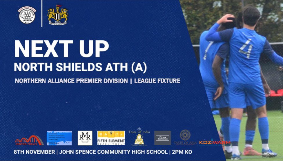 🔵 NEXT UP 🔵 

🆚 North Shields Ath
🗓 08/11/2025
⏰ 2PM KO
🏟 John Spence High School
📍 NE29 9PU

It’s back to the league this week as we travel to North Shields. 

Come and support the lads