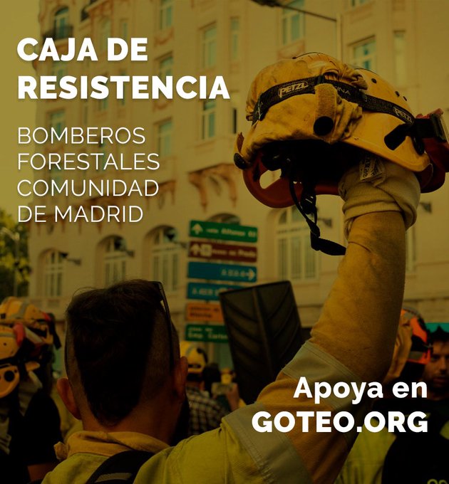 Huelga |
🔴<a href="/BBFFMadrid/">Bomberos Forestales Comunidad de Madrid</a> siguen en huelga y necesitan nuestra ayuda. El lunes, #BomberosForestalesCM (+90%) de brigadas inoperativas y nueva jornada sin trabajos preventivos en los montes  por la irresponsabilidad de @grupotragsa <a href="/ComunidadMadrid/">Comunidad de Madrid</a> 
goteo.org/project/caja-d…