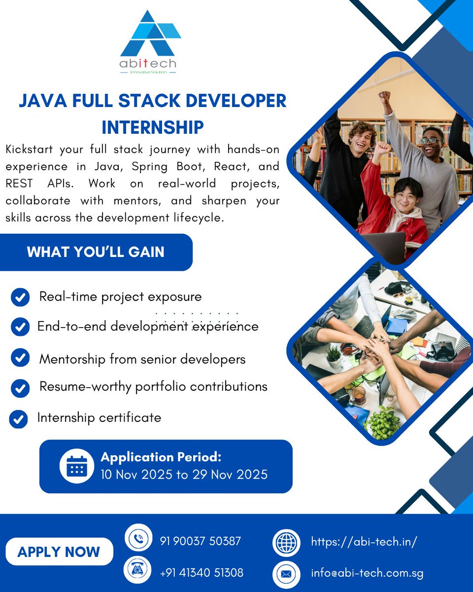 AbiSolution's tweet image. Kickstart Your Career as a Java Full Stack Developer!

Start your full stack journey today!

📞 +91 90037 50387 | +91 41340 51308  
📧 info@abi-tech.in  
🌐 abi-tech.in

#JavaFullStack #FullStackDeveloper #JavaInternship #SpringBoot #ReactJS #RESTAPI