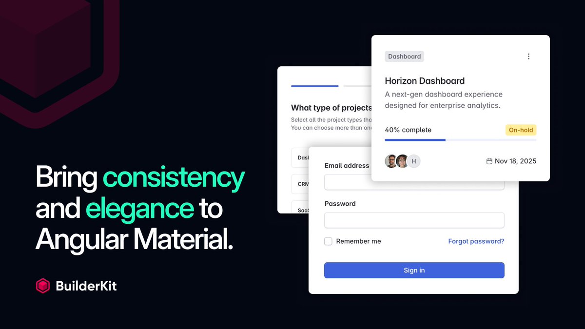 builderkitdev's tweet image. You love Angular Material.
You just wish it looked better.

Meet builderkit.dev 

Bringing consistency and elegance to your Angular apps 💎