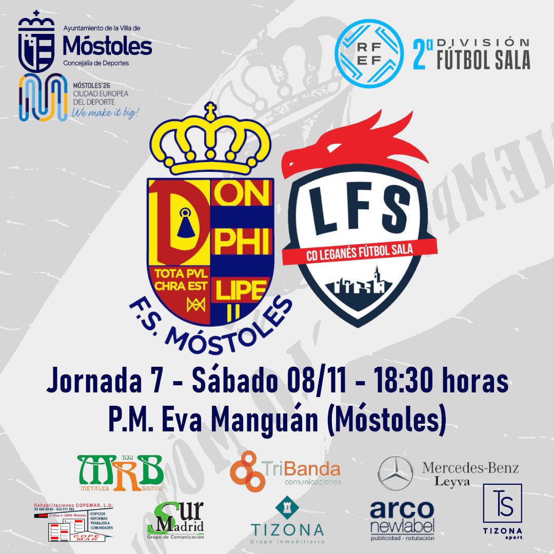 💙PRIMER EQUIPO💙
Que ganas de derbi!!!
El sábado partidazo en casa ante <a href="/CDLeganesFS/">C.D. Leganés Fútbol Sala</a> 
Que nadie te lo cuente, ven a vivirlo!!!
📺 RFEF TV
<a href="/deportesmost/">Concejalía de Deportes Móstoles</a> <a href="/FutSalRFEF/">Futsal RFEF</a> <a href="/RFFM_FutbolSala/">Comité de Fútbol Sala - RFFM</a> <a href="/metalesRB/">Metales Rio Bravo</a> <a href="/MBleyva/">Mercedes Benz Leyva</a> <a href="/TriBanda_/">TriBanda</a> <a href="/grupotizona/">Tizona Inmobiliaria</a> <a href="/PrensaSurMadrid/">Sur Madrid Periódico</a> 
#canteraazul