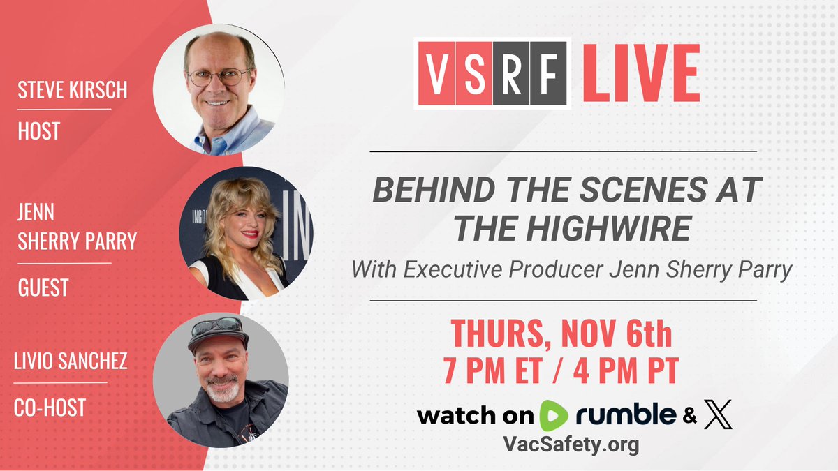 VacSafety's tweet image. 🎬 TONIGHT on #VSRFLive:

Go behind the scenes with Emmy Award–winning producer Jenn Sherry Parry, the powerhouse behind @HighWireTalk.

LIVE from Austin — a special broadcast you don’t want to miss!

🗓 Nov 6 | 7 PM ET / 4 PM PT
📺 Watch here ➡️ rumble.com/v717r66-episod…
