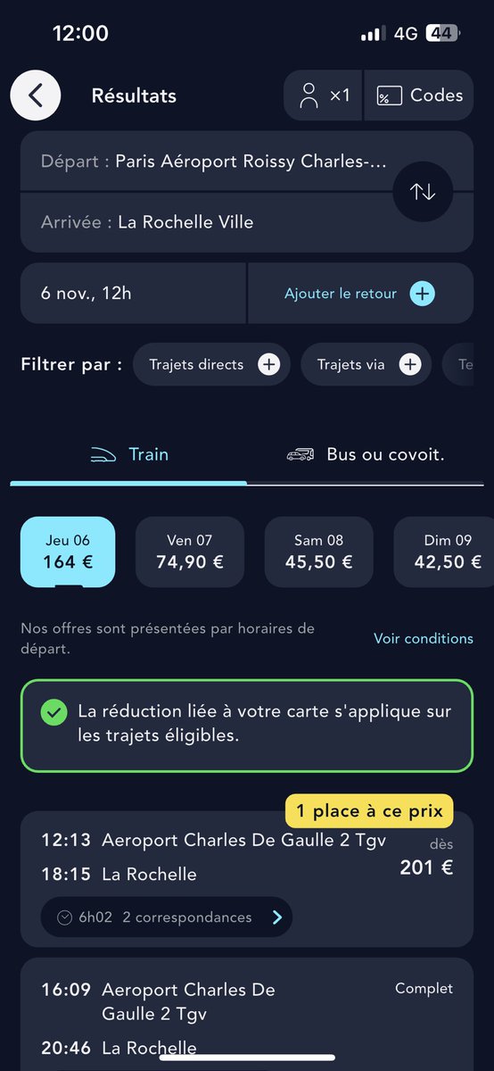 Petit test pour trouver un train plus tôt (marge oblige ..) en arrivant à <a href="/ParisAeroport/">Paris Aéroport</a> CDG ce matin…
Bingo … 

201 € l’aller simple CDG La Rochelle avec carte « avantage » ..😳

Ça va <a href="/GroupeSNCF/">Groupe SNCF</a>, <a href="/SNCFConnect/">SNCF Connect</a> ?
Les caisses se portent bien ? 🤑💵💵