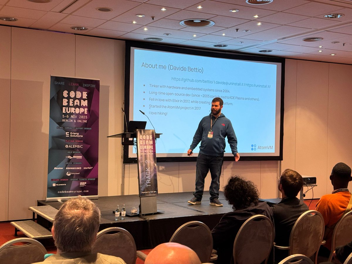 CodeBEAMio's tweet image. Davide Bettio: AtomVM = Erlang on ESP32 + concurrency + familiar tools. IoT meets BEAM.