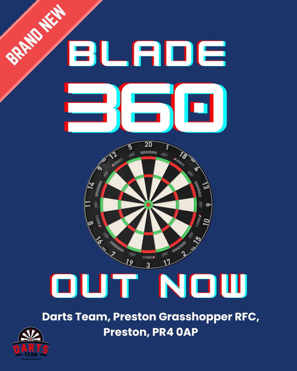 thedartsteam's tweet photo. The BRAND NEW Blade 360 Dartboard is NOW AVAILABLE in our Preston store💥

Come visit us at Preston Grasshoppers RFC to try it out on our professional darts setup fitted with automatic scoring systems🎯🎯🎯

#dartsteam #dartsteampreston #winmau #newproduct #blade360dartboard https://t.co/Y49n2kuMjJ