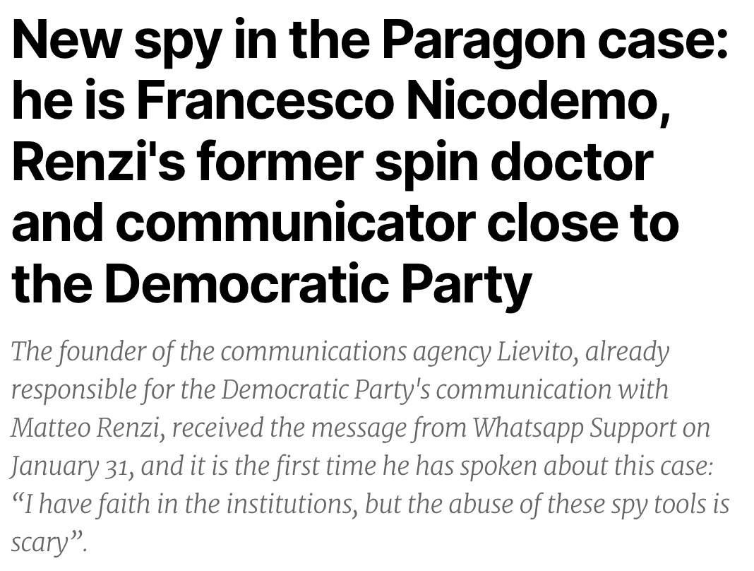 jsrailton's tweet image. NEW: Italian campaign manager &amp;amp; strategist targeted with #Paragon spyware.

Francesco Nicodemo was in touch with candidates &amp;amp; lawmakers when he got the @WhatsApp alert...

Concerning political dimensions to Italy's deepening spyware scandal. 1/