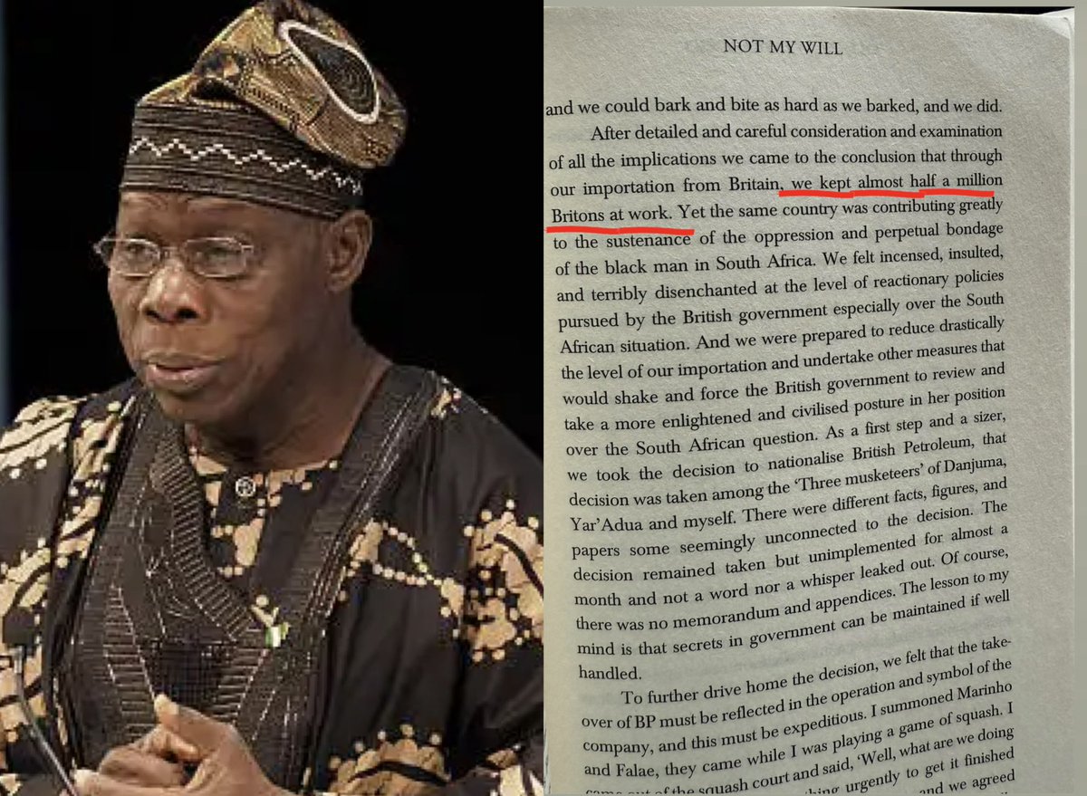 renoomokri's tweet photo. On page 213 of his book, Not My Will, President Olusegun Obasanjo revealed that by 1978, Nigeria, through its imports from Britain, was responsible for keeping half a million Britons at work. Think about this for a while. 

If, as at 1978, when Nigeria's population was 69 million, our imports from the United Kingdom were responsible for creating half a million jobs in that nation, what would the tally of British jobs we are creating be now that our population is more than thrice that at 230 million? 

Whenever you buy a foreign product or service, especially one that can be manufactured or procured locally, you are exporting jobs out of Nigeria and importing poverty.

I therefore call on all Nigerians to support the Nigeria First policy of the Tinubu administration, and I especially call on Peter Obi, as the largest individual importer of foreign goods in Nigeria, to join this trend. Let us put politics aside and bring nationalism and patriotism in. 

As some of you know, I recently toured the Dangote Refinery. I saw the massive investments that one man, Alhaji Aliko Dangote, has made to support the Nigerian economy. 

I also visited with Dr Mike Adenuga and experienced firsthand the extent to which he invested his own money to ensure that Nigeria has a homegrown telecommunications network with state-of-the-art infrastructure. 

However, every time you buy imported petrol or use MTN, Airtel, or any other foreign telecom company, not only are you driving down the value of the Naira by sending your money out of Nigeria to the countries of origin of these foreign goods and services, but you are also exporting jobs to those countries. Jobs that can be done by a Nigerian in Nigeria.

If we want the Naira to strengthen, we must change our consumption behaviour and bring it in line with President Tinubu's Nigeria First policy, and here are some consumption habits we can change:

Akamu for breakfast instead of imported custard 
Beans for lunch rather than foreign rice 
Cornflakes from Nasco, not Kellogg's 
Dangote spaghetti, not Italian pasta 
Eggs from Obasanjo farms, not from abroad 
Fan yoghurt, not imported yoghurt 
Glo instead of foreign telcos 
Honey from Ore, not from Shoprite 
Innoson, not Honda or Toyota 
Juice from Chivita, not America 
Kpomo in your soup, not foreign fish 
Lace from Kaduba, not from Switzerland 
Mango from Adamawa, over imported apples 
Noodles from Dangote, not Indonesia 
Oranges from Benue, rather than Israel 
Purses from Onitsha, not France 
Quail from Kebbi, not from England 
Radio Nigeria, over Radio France Internationale
Shoes and slippers from Kano and Aba, not Italy and Spain 
Tea from Mambilla Plateau, not China 
Umbrella from Abakaliki, over those from India 
Trucks/vans from ANAMMCO rather than Asia 
Wine from palm wine, not from Palma, Spain 
X-rays at UCH Ibadan, not in Europe 
Yams from Oyo, instead of imported potatoes 
Zobo over imported flavoured drinks 

Growing the value of the Naira is not only the responsibility of the Nigerian government, it is also our collective duty. If we want a stronger Naira and steady GDP growth, we must change our consumption habits and #GrowNairaBuyNaija 

Reno Omokri 

Gospeller. Deep Thinker. #TableShaker. Ruffler of the Feathers of Obidents. #1 Bestselling author of Facts Versus Fiction: The True Story of the Jonathan Years. Hodophile. Hollywood Magazine Humanitarian of the Year, 2019. Business Insider Influencer of the Year 2022. 21st Most Talked About Person in Africa, 2024.