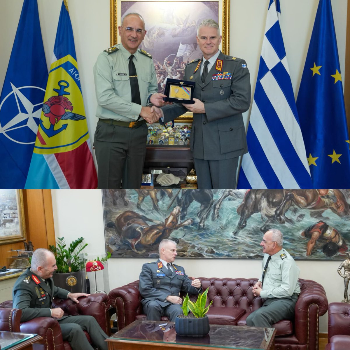 The Chief of the #HNDGS General Dimitrios CHOUPIS met with the Commander of the Finnish Army, Lieutenant General Pasi VÄLIMÄKI, as part of his official visit to Greece, following the invitation from the Chief of the HAGS, Lieutenant General Georgios KOSTIDIS
🇬🇷 🤝 🇫🇮

#ΓΕΕΘΑ #ΕΔ