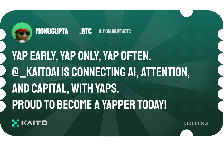 monuguptabtc's tweet photo. Yap early, yap only, yap often.

@KaitoAI is connecting AI, attention and capital with Yaps.

Just claimed my social card and I'm accumulating Yap points in real-time.

Claim yours 👉 https://t.co/MkebrU8Ujb https://t.co/xpcOxXhlHV