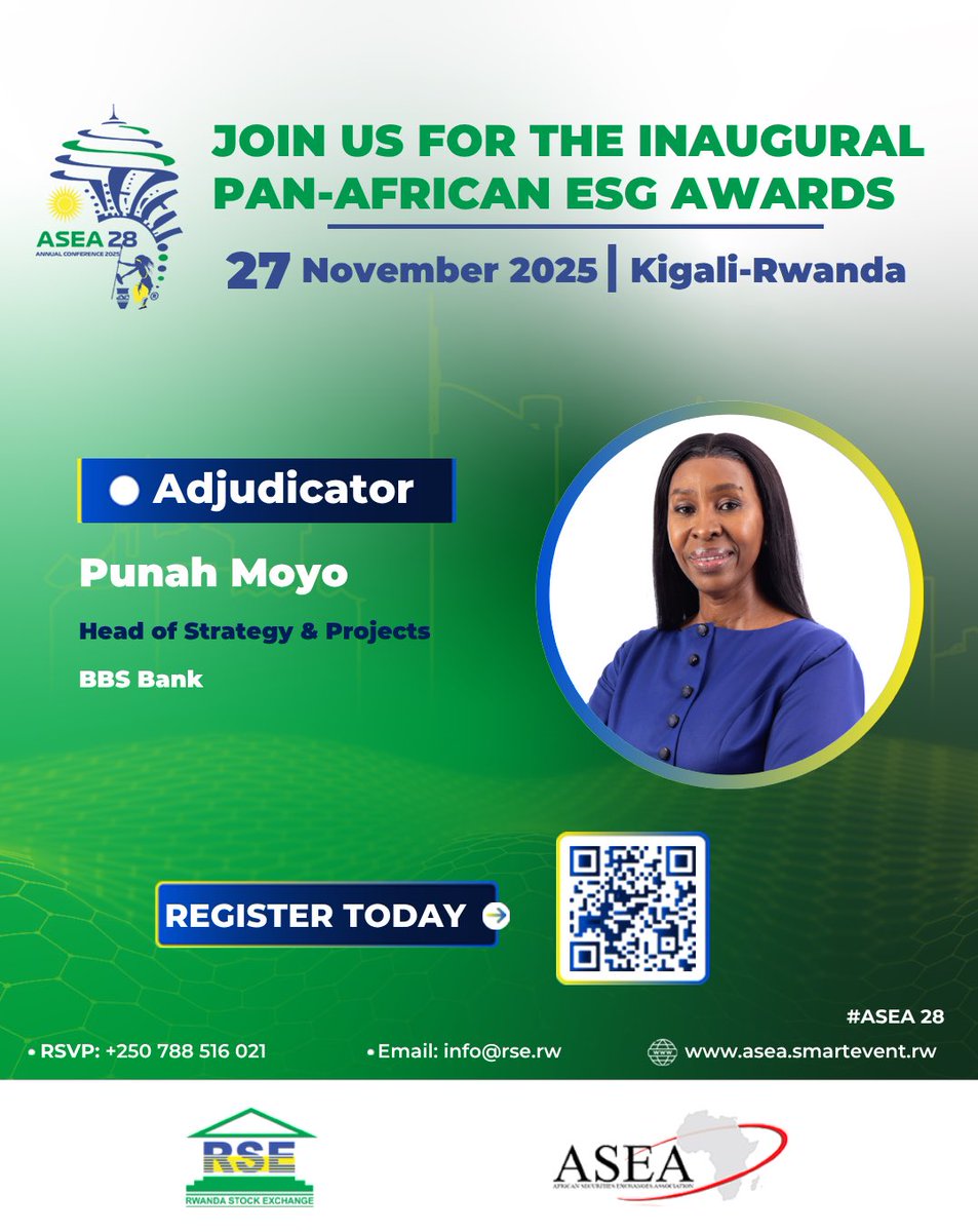 🌍 Africa is leading the ESG revolution! 

Meet Punah Moyo, Head of Strategy &amp; Projects at BBS Bank, serving as Adjudicator for the Inaugural Pan-African ESG Awards 🇷🇼✨ 

Join us in Kigali on 27 November 2025 as we celebrate Africa’s sustainability champions! 

Register🔗: