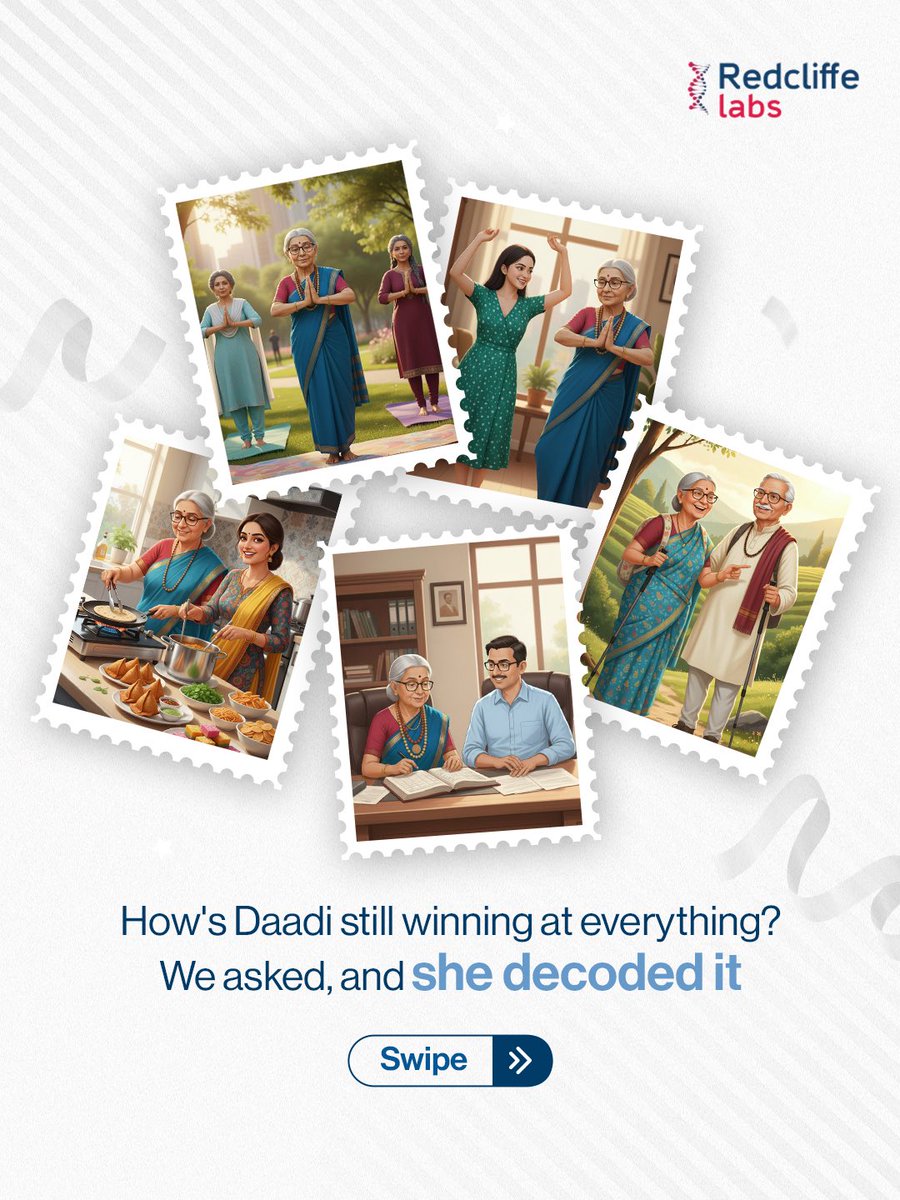 redcliffelab's tweet image. &quot;She wakes up before sunrise, helps her friends with yoga, dances with her granddaughter, runs the kitchen, and even goes trekking with Dadaji. 🌸

#DaadiGoals #HealthyLiving #WellnessJourney #PreventiveHealth #AgingGracefully #HealthFirst #LongevityGoals #ActiveLife