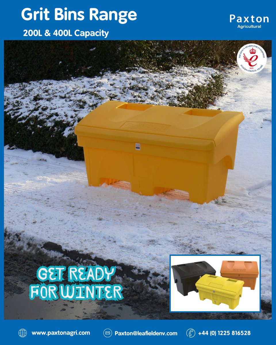 Our external Grit Bins come in 200L and 400L sizes, ideal for storing grit, salt or general materials, with a strong double-wall lid, moulded-in sign, and stackable design for easy storage.

Find out more 👇
 paxtonagri.com/product-catego…

#livestock #agriculture #storage #ukmade
