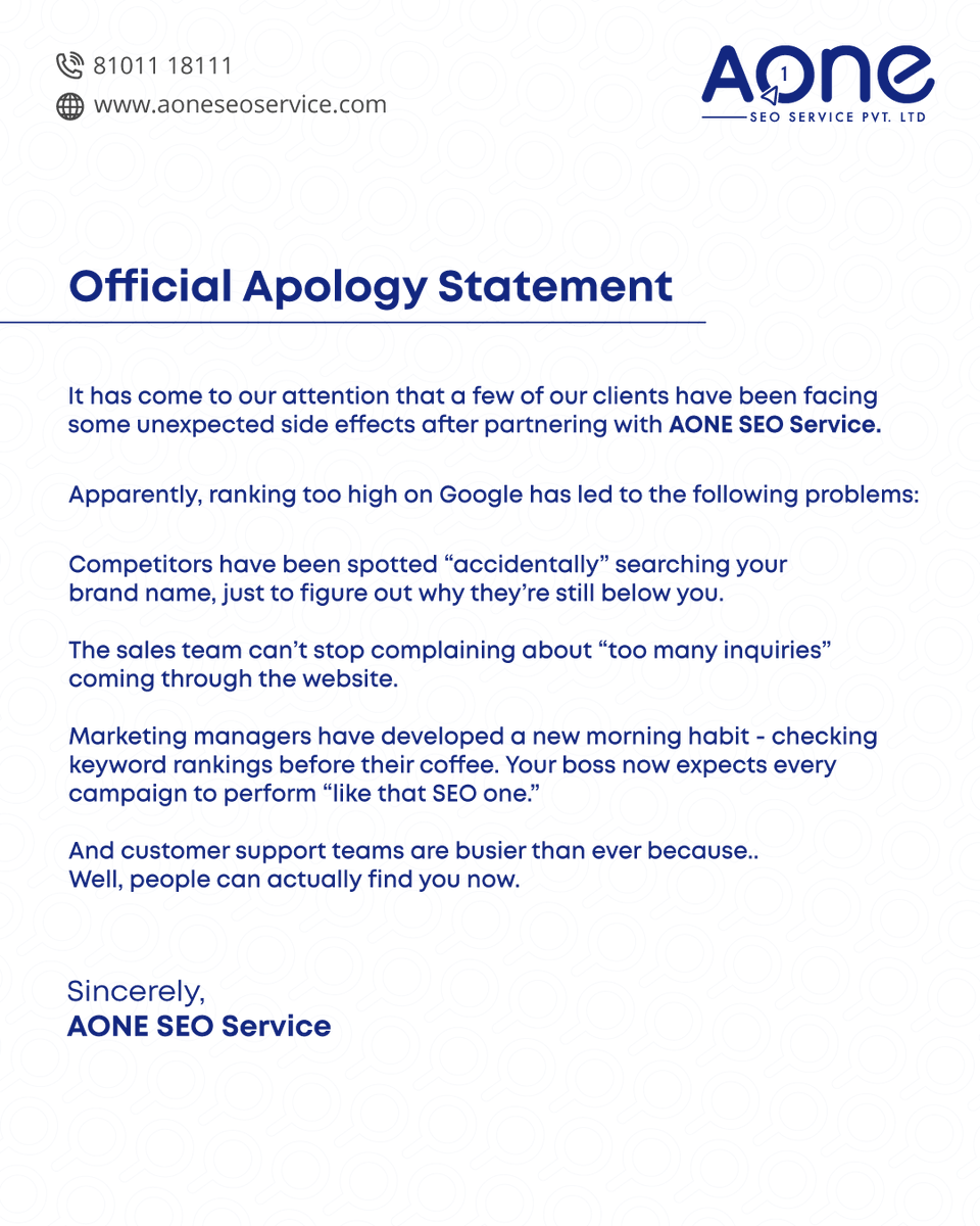 AOneSeoService's tweet photo. We’re genuinely sorry… but we couldn’t help ourselves!
 
#AONESEO #GetFound #AONESEOSERVICE #BrandboardMedia #OfficialApology #Trend #Viral #Brands #NewTrend #MomentMarketing #DigitalMarketingAgency #India https://t.co/mXUFWVi0h5